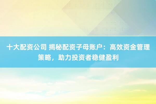 十大配资公司 揭秘配资子母账户：高效资金管理策略，助力投资者稳健盈利